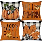 MODOVOS Happy Fall Hello Pumpkin Throw Pillow Covers 18x18 Set of 4 Autumn Maple Leaf Buffalo Plaid Harvest Thanksgiving Cushion Case Decorations for Sofa Couch