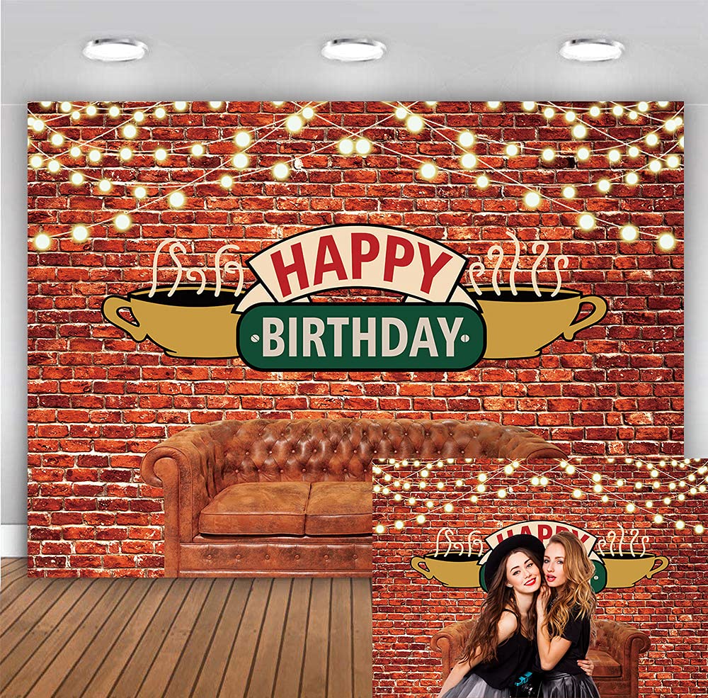 BINQOO 7x5ft Friends Birthday Backdrop Friends Happy Birthday Party Photography Background Red Brick Wall Sofa Coffee Portrait Party Decorations Banner Photo Booth Props
