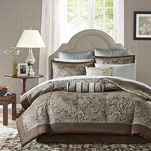 Madison Park Aubrey Full Size Bed Comforter Set Bed In A Bag - Blue, Brown , Paisley Jacquard &ndash; 12 Pieces Bedding Sets &ndash; Ultra Soft Microfiber Bedroom Comforters