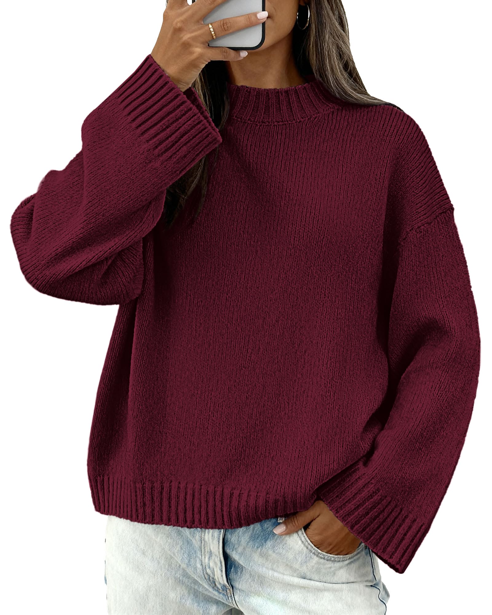 BTFBM Sweaters for Women 2025 Casual Crewneck Long Sleeve Loose Ribbed Knit Pullover Sweater Winter Clothes Fall Outfits(Burgundy, X-Large)