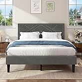 DlandHome Queen Size Bed Frame with Headboard, Upholstered Platform Bed Frame and Heavy Duty Wooden Slats Support, Nailhead Trim, Easy Assembly, Noise-Free, No Box Spring Needed, Dark Grey