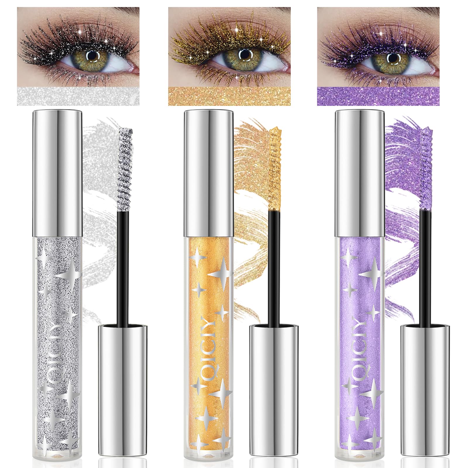 Samkeen Glitter Mascara, Color Mascara Eyeshadow, Waterproof, Transparent, Glitter Diamond Silver/Gold/Purple Lashes, Zero Clumping Long Lasting Anti Smudge, Suitable for Party Festival Wedding