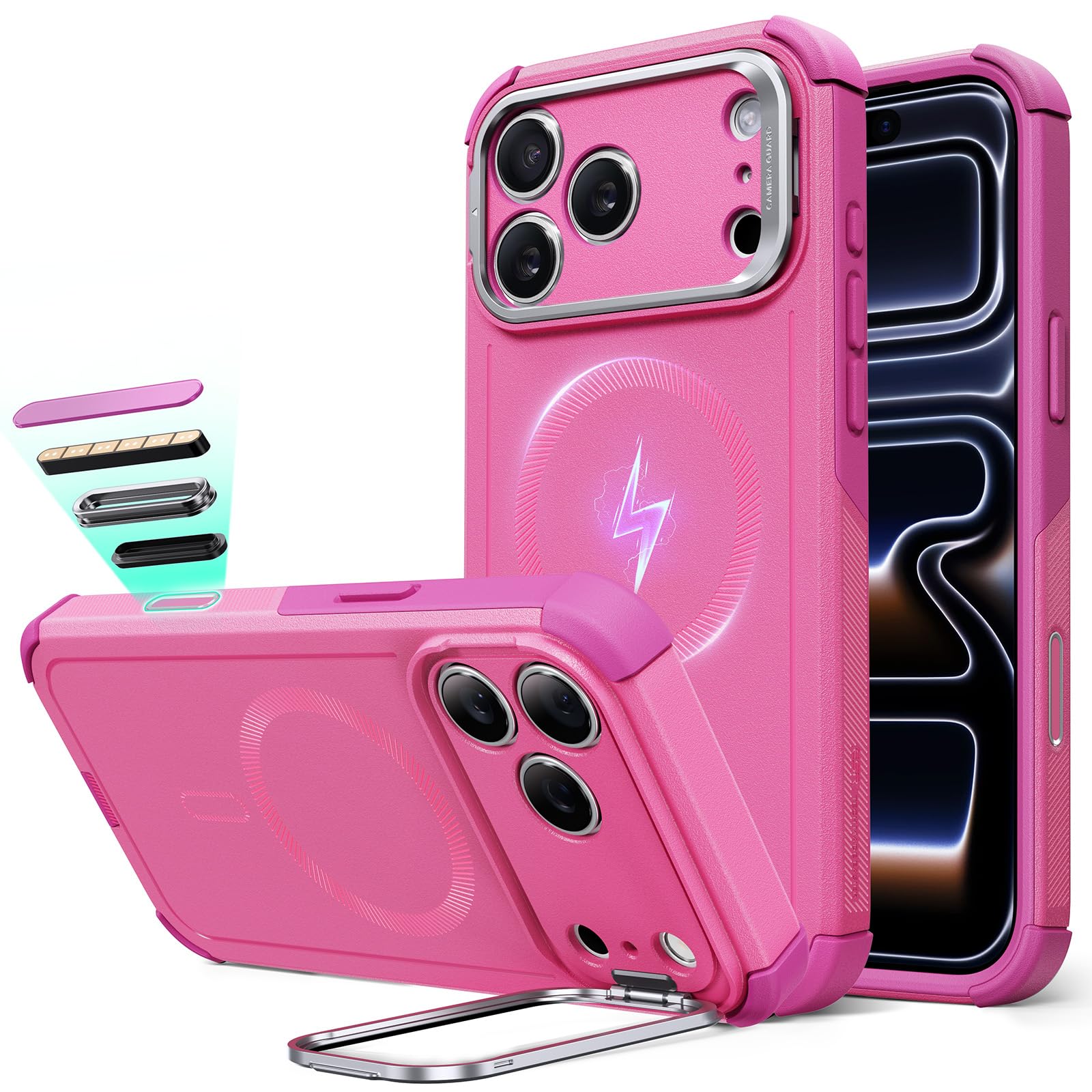 Photo 1 of ESR for iPhone 17 Pro Max Case with Stash Stand, 7X Military-Grade Drop Protection with Camera Control, Shock-Absorbing Phone Rugged Cover, Compatible with MagSafe Accessories, Cyber Series, Pink