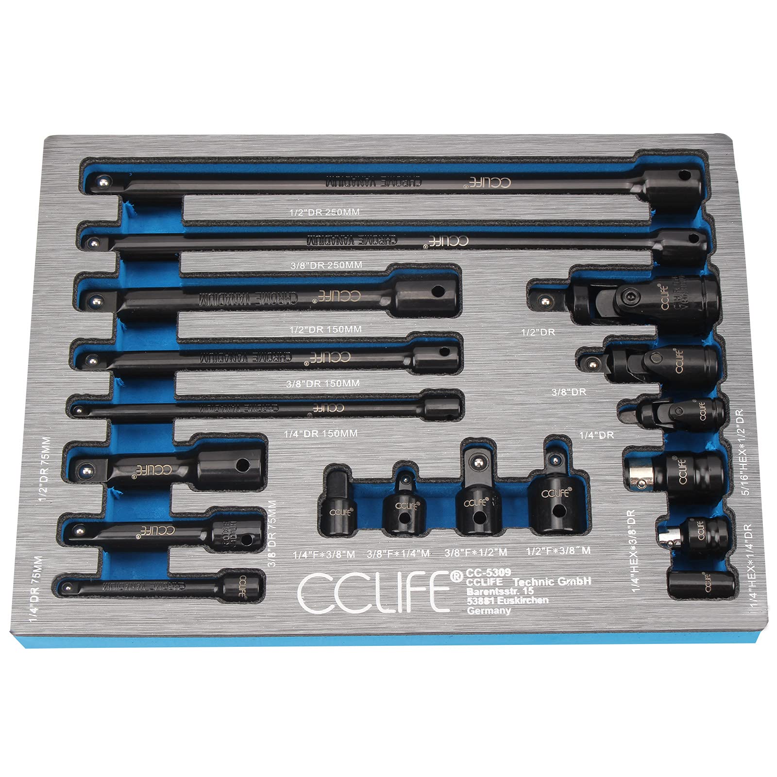 CCLIFE 18-Piece Socket Spanner Extension Set 1/4 Inch 3/8 Inch 1/2 Inch Ratchet Connector Parts Including Socket Adaptor Universal Joint Cr-V