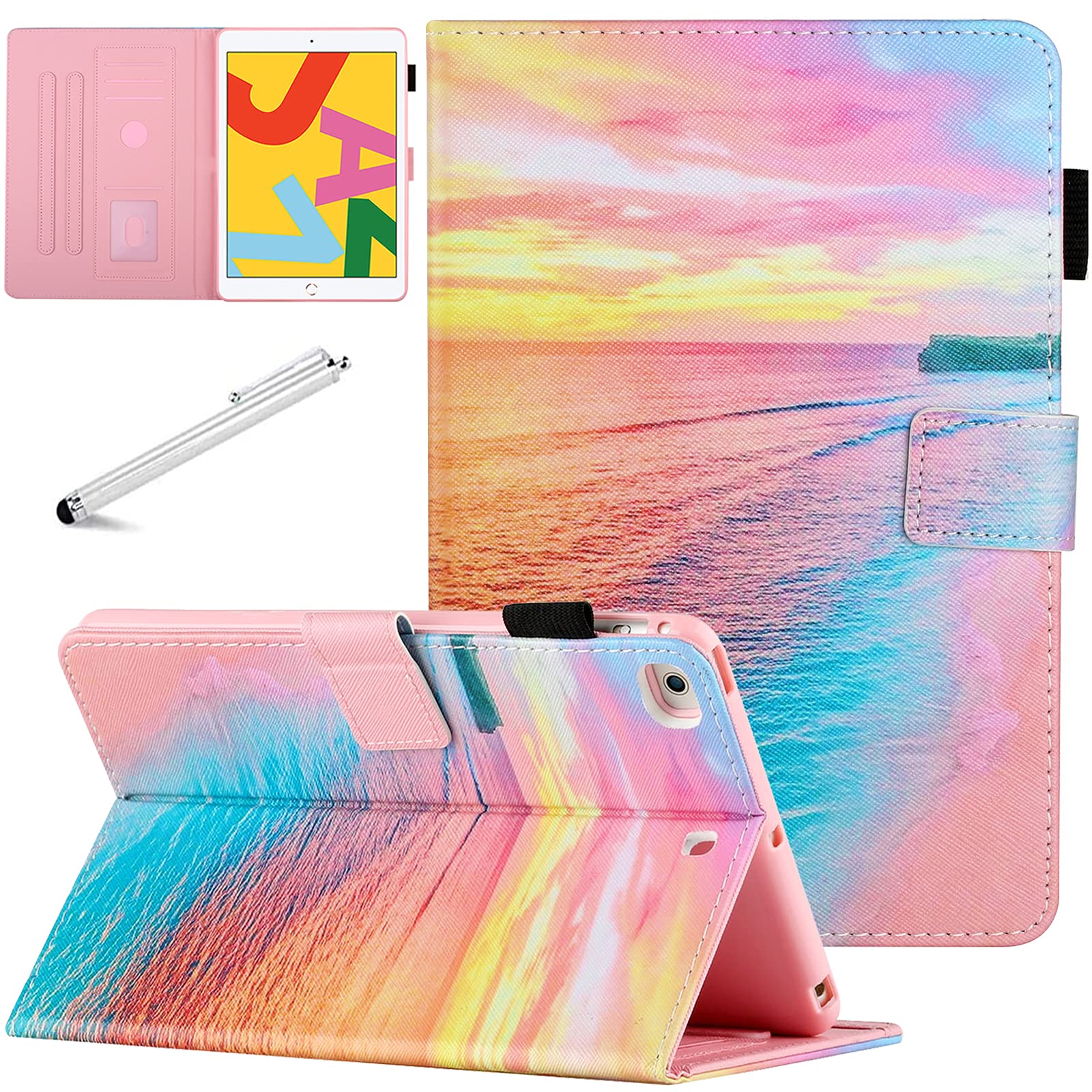 FANCITY Case for iPad Mini 5, Mini 4 Mini 3 2 Cover with Smart Wake Sleep, Flip Folio Stand Case Soft PU Leather Protective Case with Card Slot for Apple iPad Mini 1 2 3 4 5 - Sunset Beach — image 1