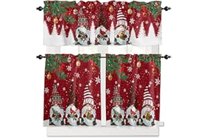 VANDARLLIN Christmas Gnomes Kitchen Curtains and Valances Set, Red Winter Holidays Window Treatments Tiers White Snowflakes Xmas Trees Half/Short Curtains for Small Windows Cafe /Living Room/ Bedroom 54x 36 in