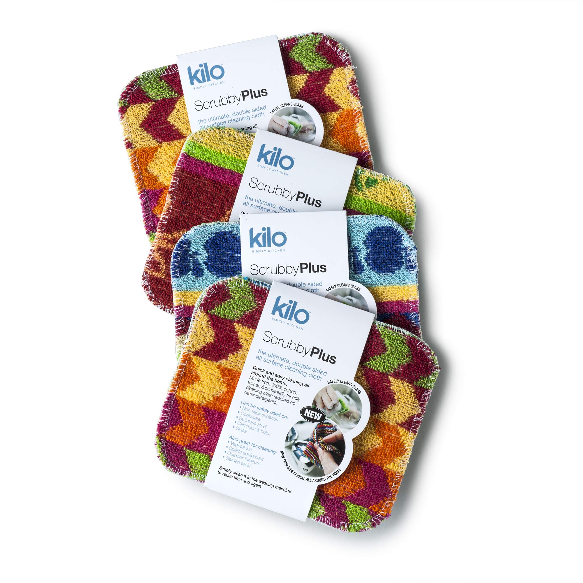 Kilo Scrubby Plus-Non-Scratch Scourer with Delicate Cleaning Cloth Side, Multi-Purpose-Set of 4, Colour, One Size, 17x14cm