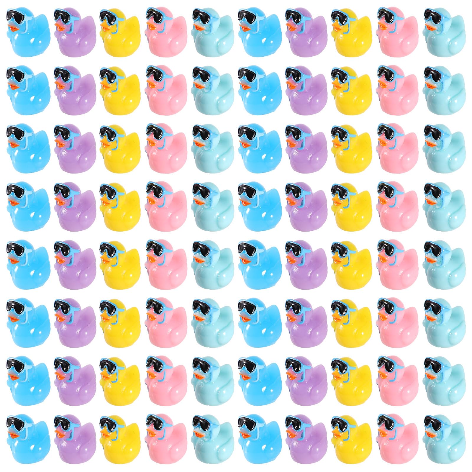 100pcs Summer Beach Ducks, Mini Tiny Small Resin Ducks Colorful Animals Figurines with Surfing Glasses Surfboards for Baby Shower Miniature Garden Landscape DIY Dollhouse Potted Party Decoration