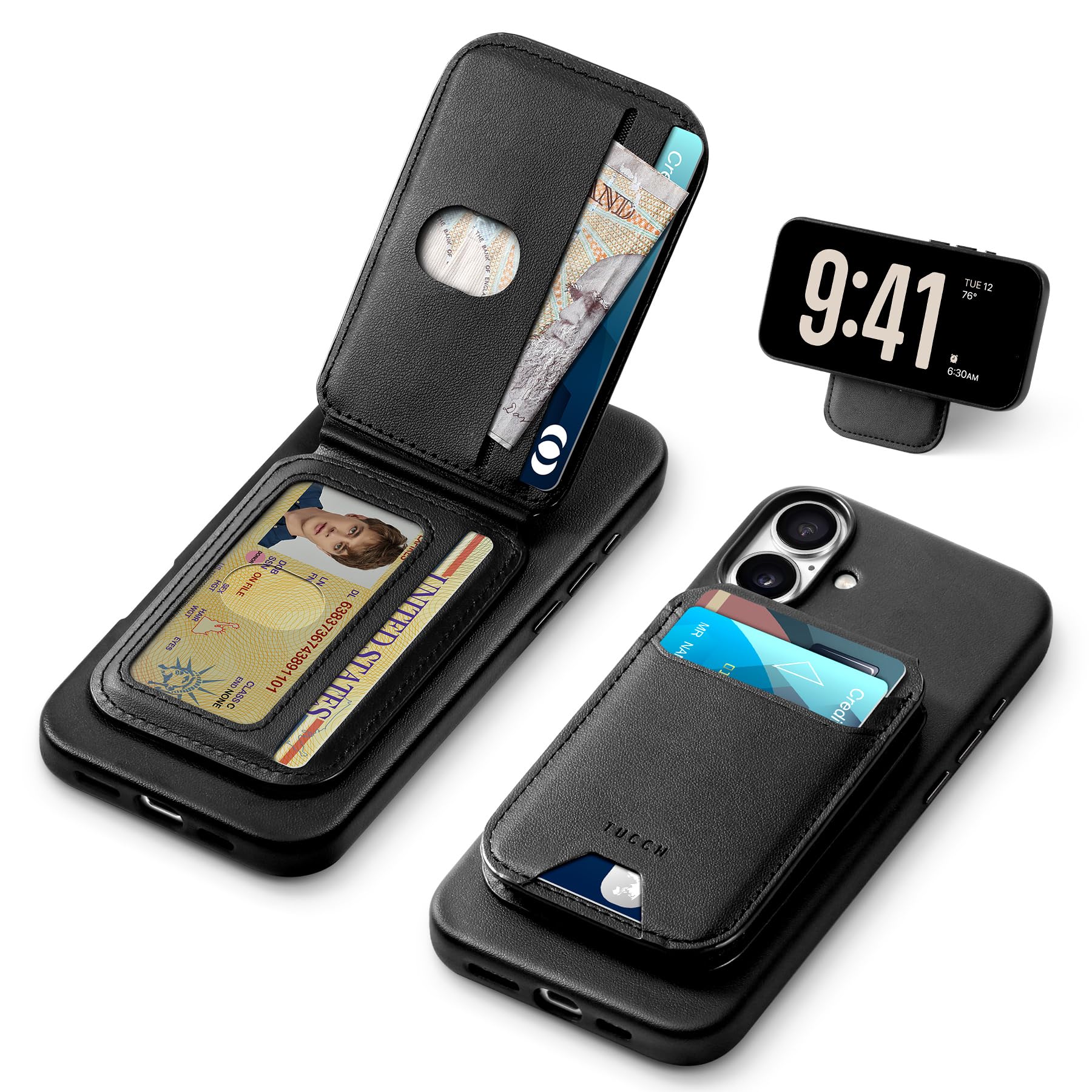 TUCCH Magnetic Case for iPhone 16 Plus (6.7") 2024 with Detachable Wallet[5 Card Holders] Adjustable Stand[RFID Blocking][Wireless Charging] Slim PU Leather Cover Compatible with iPhone16 Plus, Black