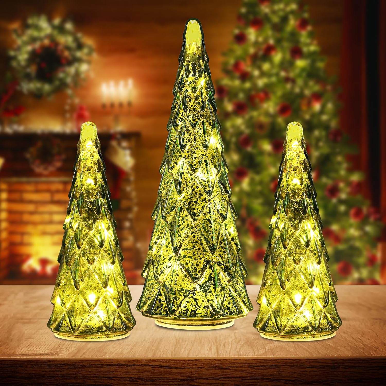 Trees - Christmas Decorations Indoor, YEAHOME Set of 3 Pre-lit Green Glass Christmas Tree for Home Decor, Christmas Table Decorations Lighted Xmas Tree with Timer for Living Room Mantel Tabletop Party
