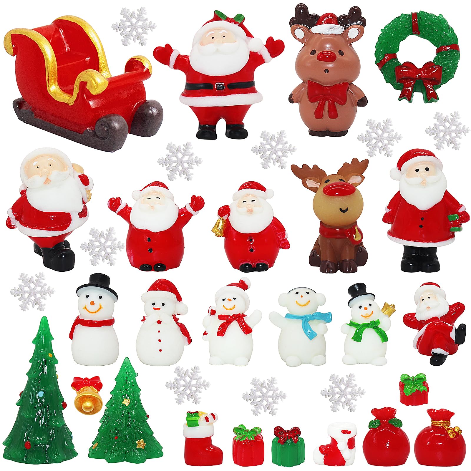 35 PCS Christmas Miniature Figurines, Christmas Miniature Ornaments Kit, Resin Mini Christmas Figurines with Sleigh Snowflake Santa Snowman Reindeer Xmas Tree for DIY Gift Garden Miniature Scenes