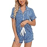 Anjue Womens Pajamas Set Short Sleeve Sleepwear Button Down Nightwear Shorts Soft Pj Sets S-XXL