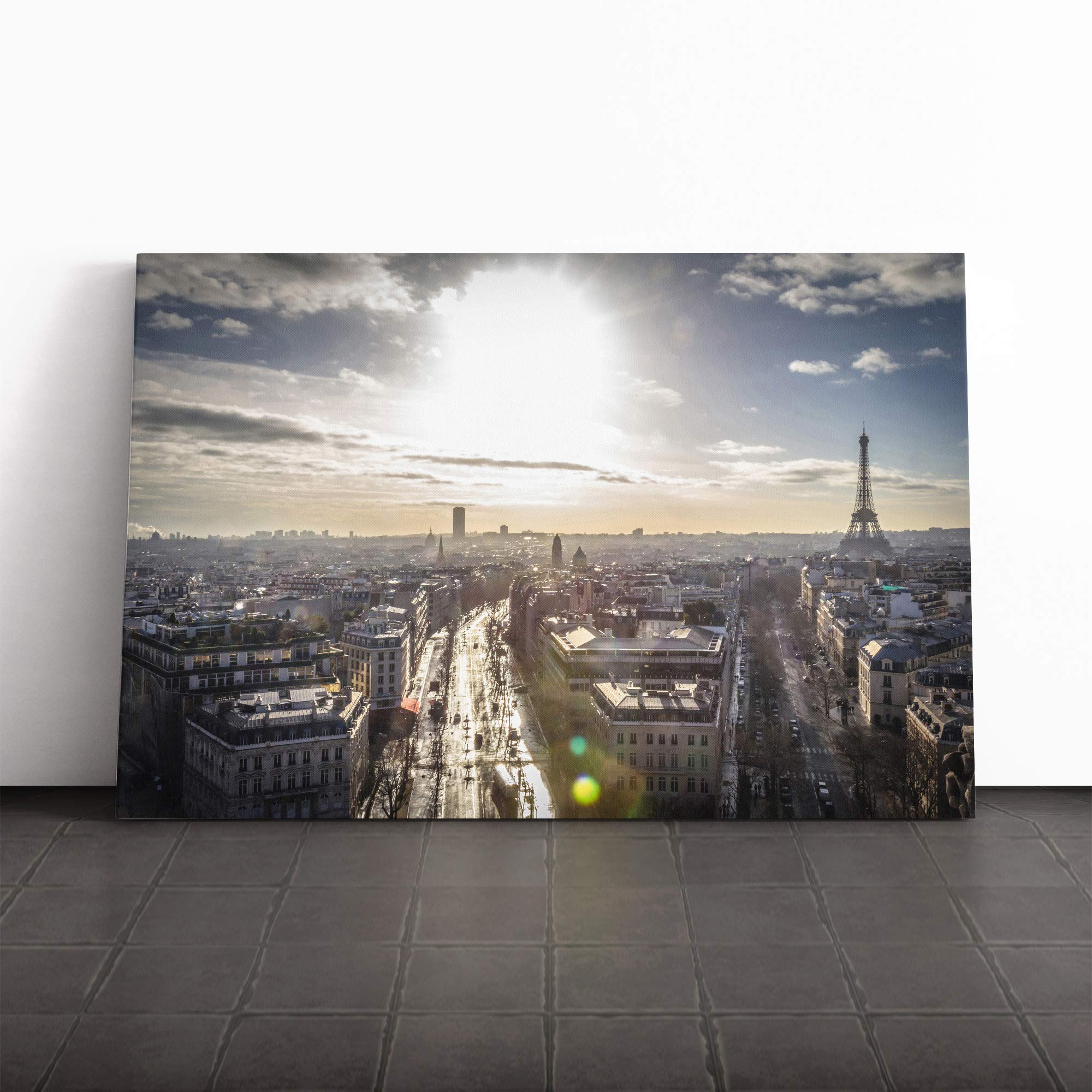 Paris Sunlight Skyline Canvas Print | Gallery Wrapped 30mm Frame Wall Art | 20x14 inches | Ready to Hang | Modern Cityscape Picture | Living Room Bedroom Lounge Office