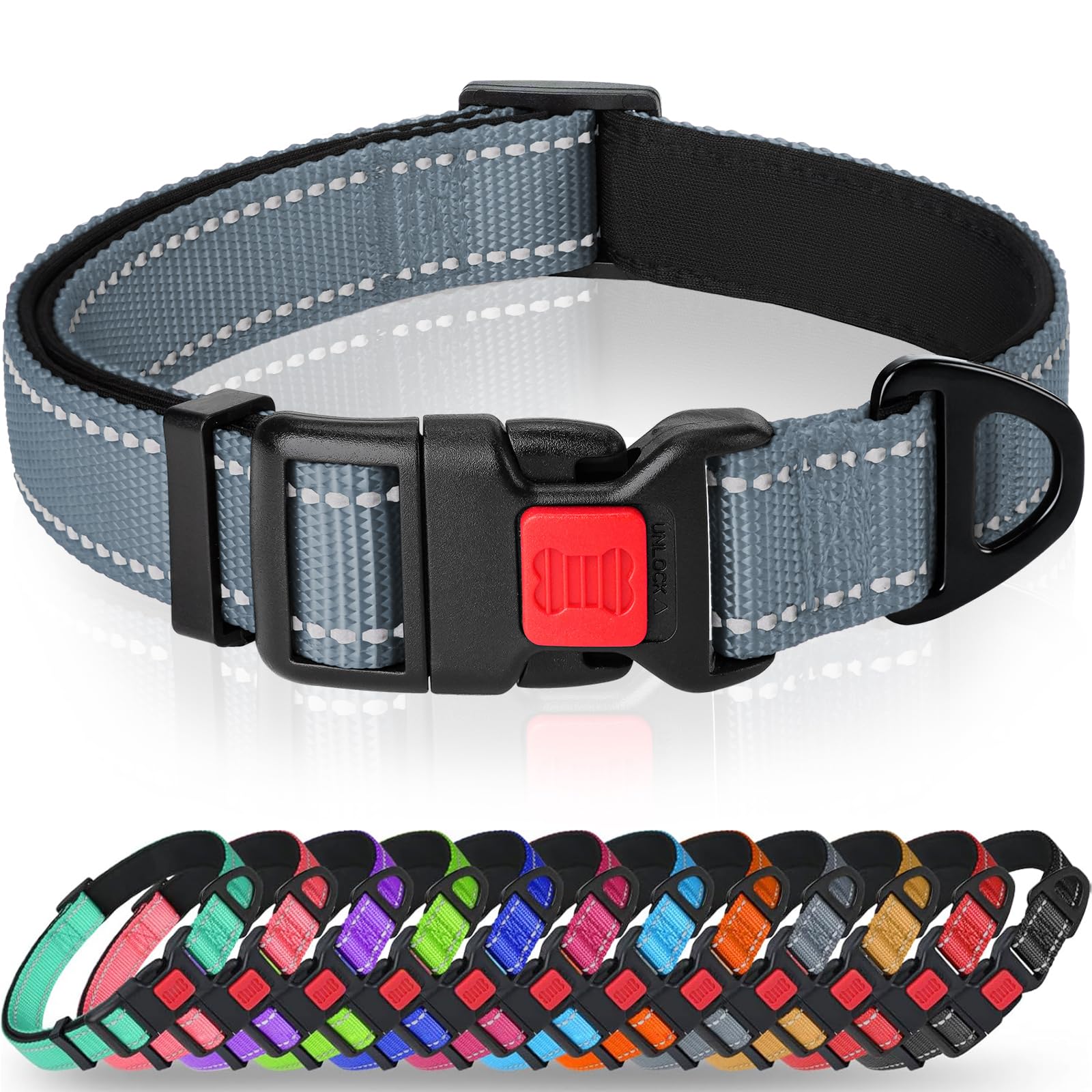 Taglory Reflective Nylon Dog Collar with Safety Buckle, Adjustable Pet Collars with Soft Neoprene Padding for Small Dogs, Grey