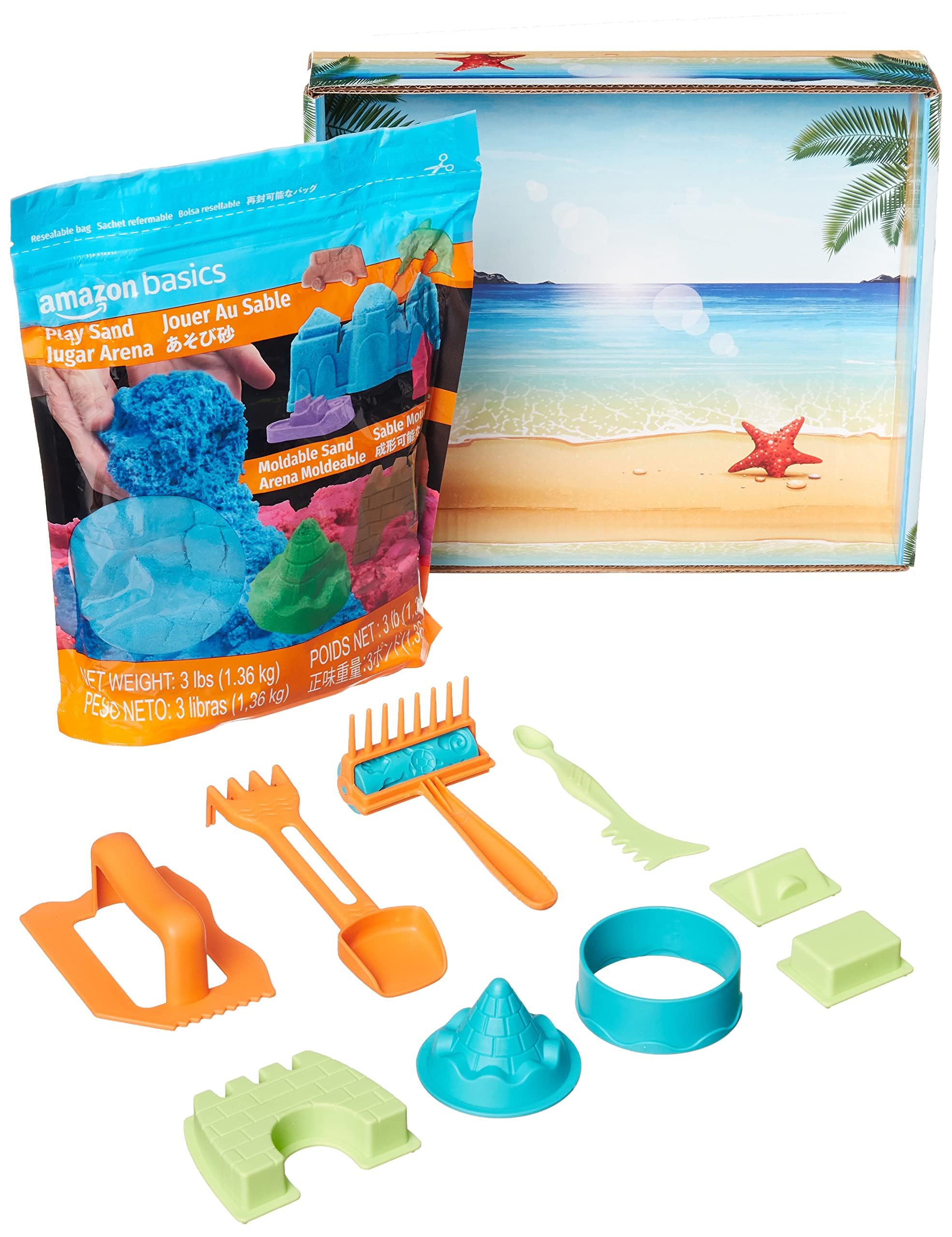Photo 1 of Amazon Basics 11 Piece Moldable Sensory Sand Toy Kit with Castle Molds and Tools, 3lbs Blue Color, for Kids Ages 3 and Up