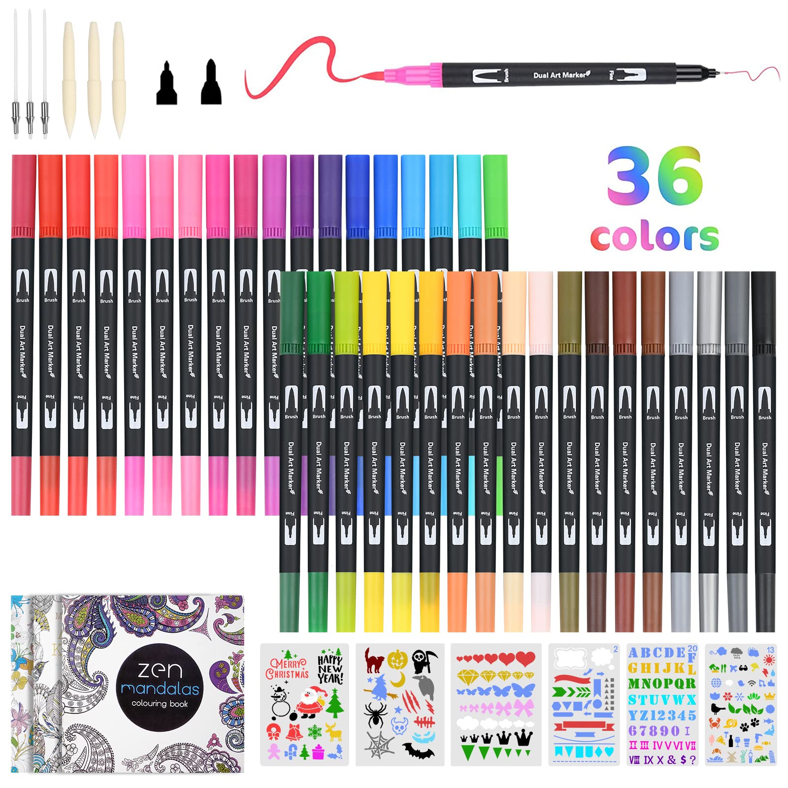 Vicloon Dual Tip Brush Pens, 36 Colouring Pens Felt Brush Tip Pen and Fineliner Pen Art Markers for Kids Adults Colouring Books Painting Sketching Highlighting