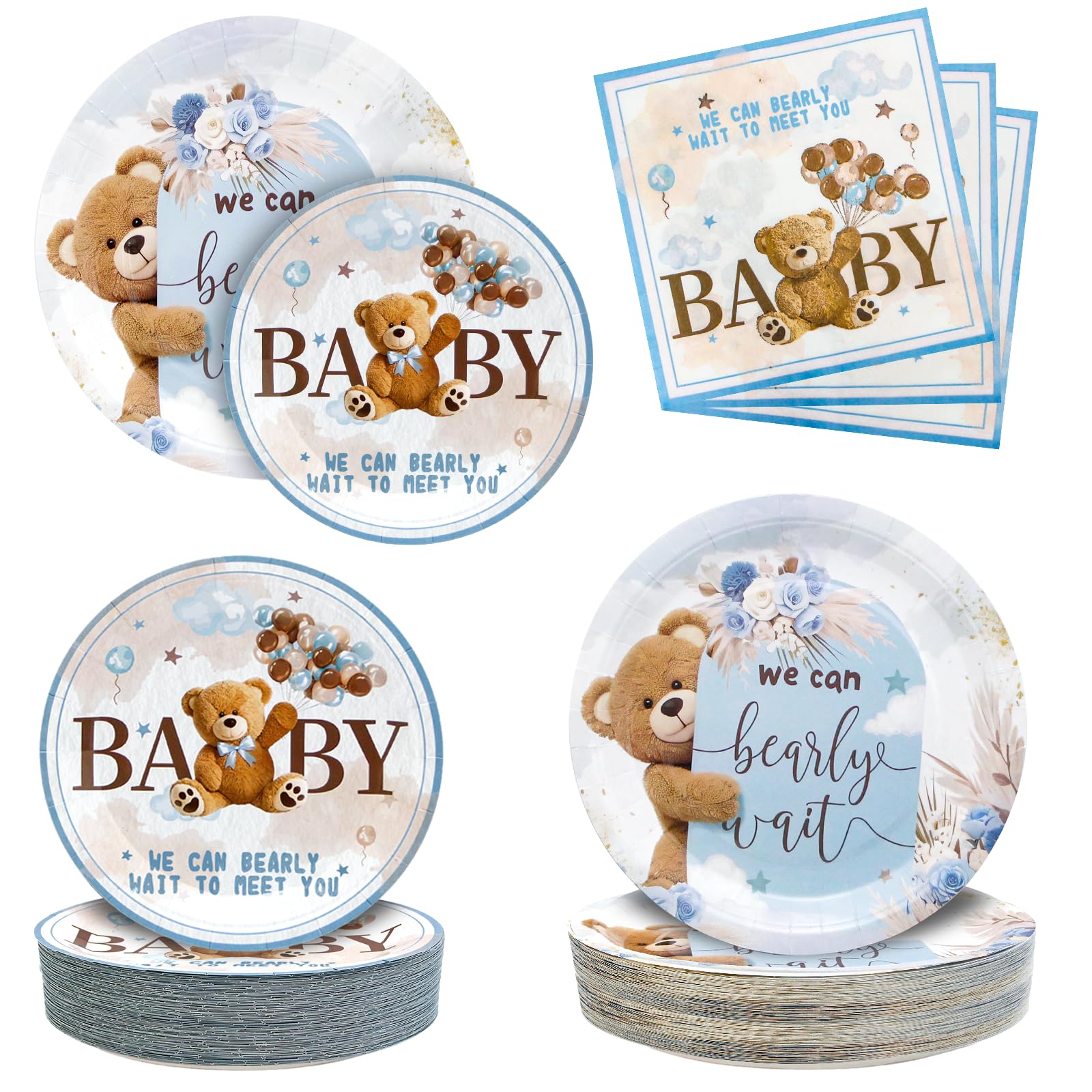 Photo 1 of 180PCS We Can Bearly Wait Baby Shower Decorations – Blue Bear Paper Plates and Napkins Set, Disposable Party Tableware Supplies for Baby Shower Birthday Party
