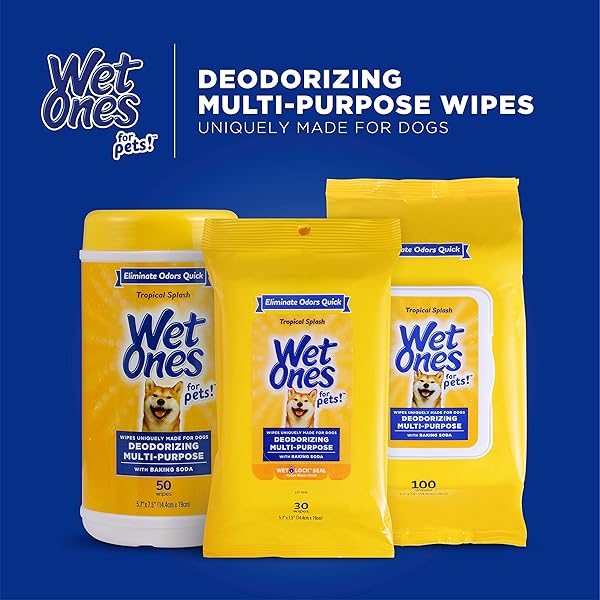 WET ONES FOR PETS DEODORIZING MULTI-PURPOSE DOG WIPES WITH BAKING SODA DOG DEODORIZING WIPES FOR ALL DOGS IN TROPICAL SPLASH SCENT,WET ONES WIPES WITH WET LOCK SEAL POUCH DOG WIPES(PACK OF 1,30 COUNT)