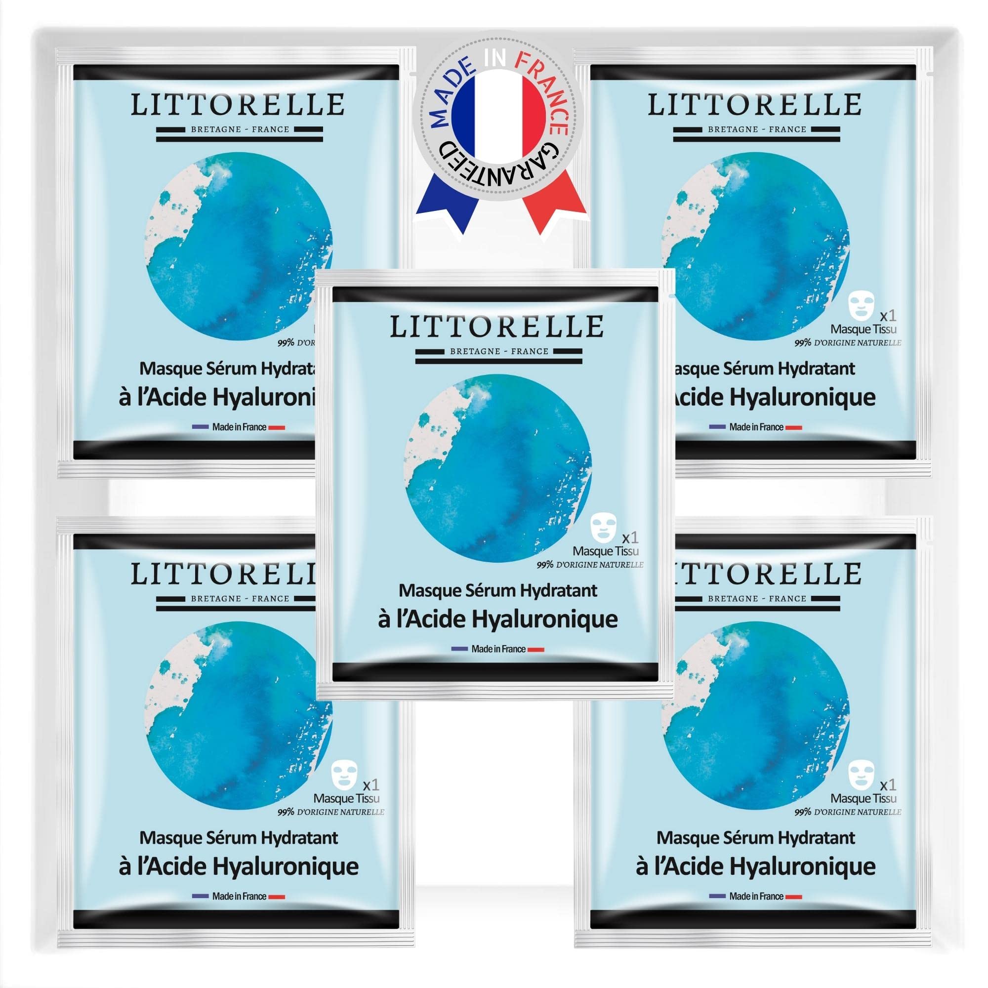 Littorelle – 5x Tissue Face Mask Moisturising Serum with Hyaluronic Acid - Made in France - Moisturises and Plumps the Skin - Anti-Aging - Stimulates Collagen Production - Sheet Mask for All Skins
