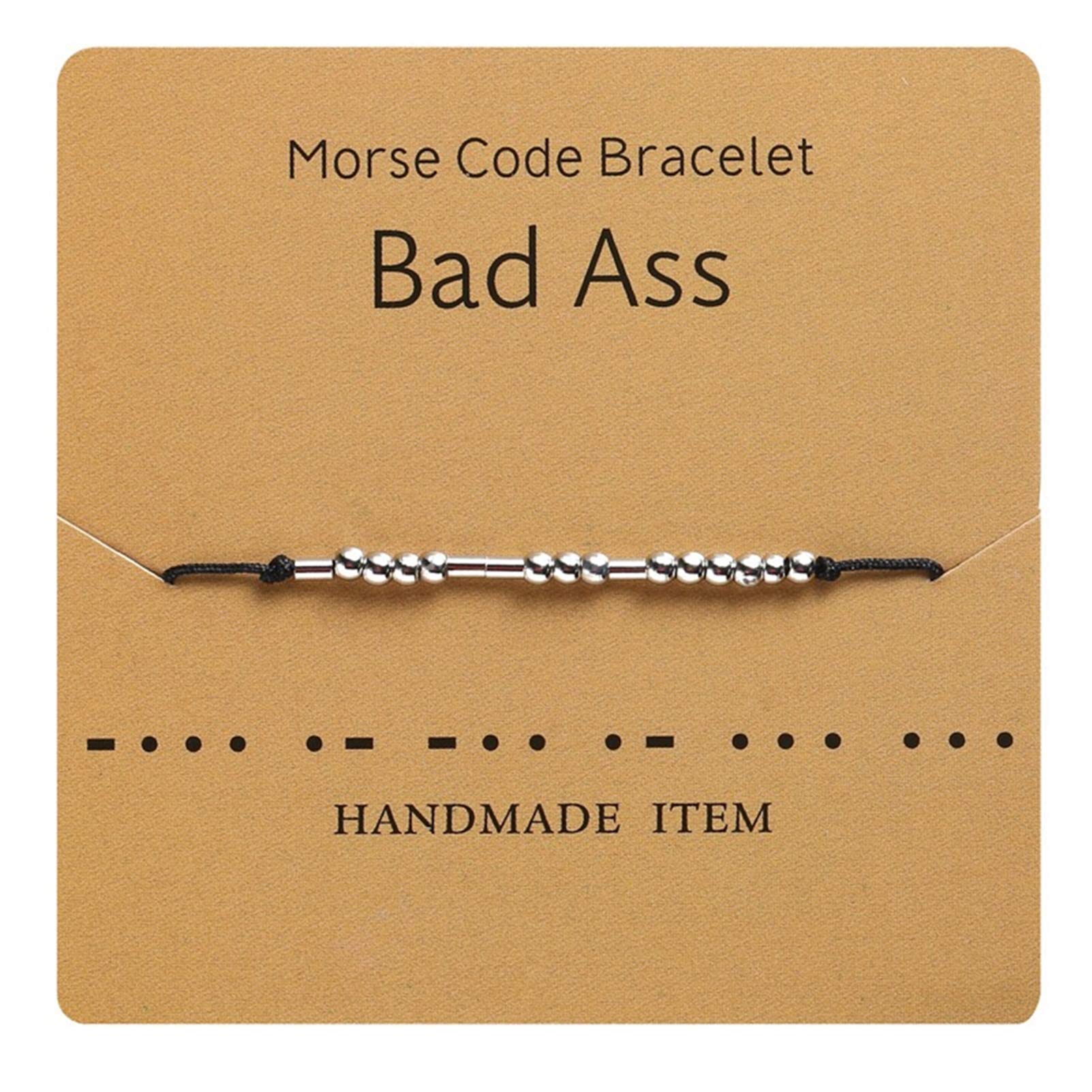 HMOOY Morse Code Bracelet Silver Plated Beads on Silk Cord Friendship Bracelet Secret Message Morris Jewelry for Women Men Gift for Her Him (Bad Ass)