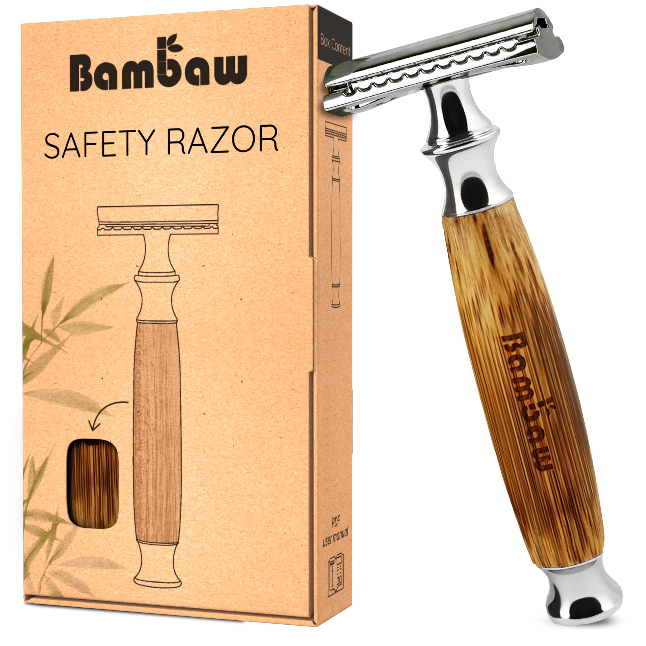 Bambaw Double Edge Razor Men & Women, Reusable Metal Razor Women, Easy & Safe to Use, Close & Smooth Shave with Balanced Weight for Full Control, No Blade Included (Thick Bamboo Silver)