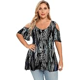 LARACE Women Plus Size Cold Shoulder Tunic Tops V Neck Summer T Shirts | Loose Short Sleeve Blouse, Flowy Hem Covers Belly, Open Shoulder , L-6XL Casaul Tops, Comfy 95% Rayon, Pairs with Leggings