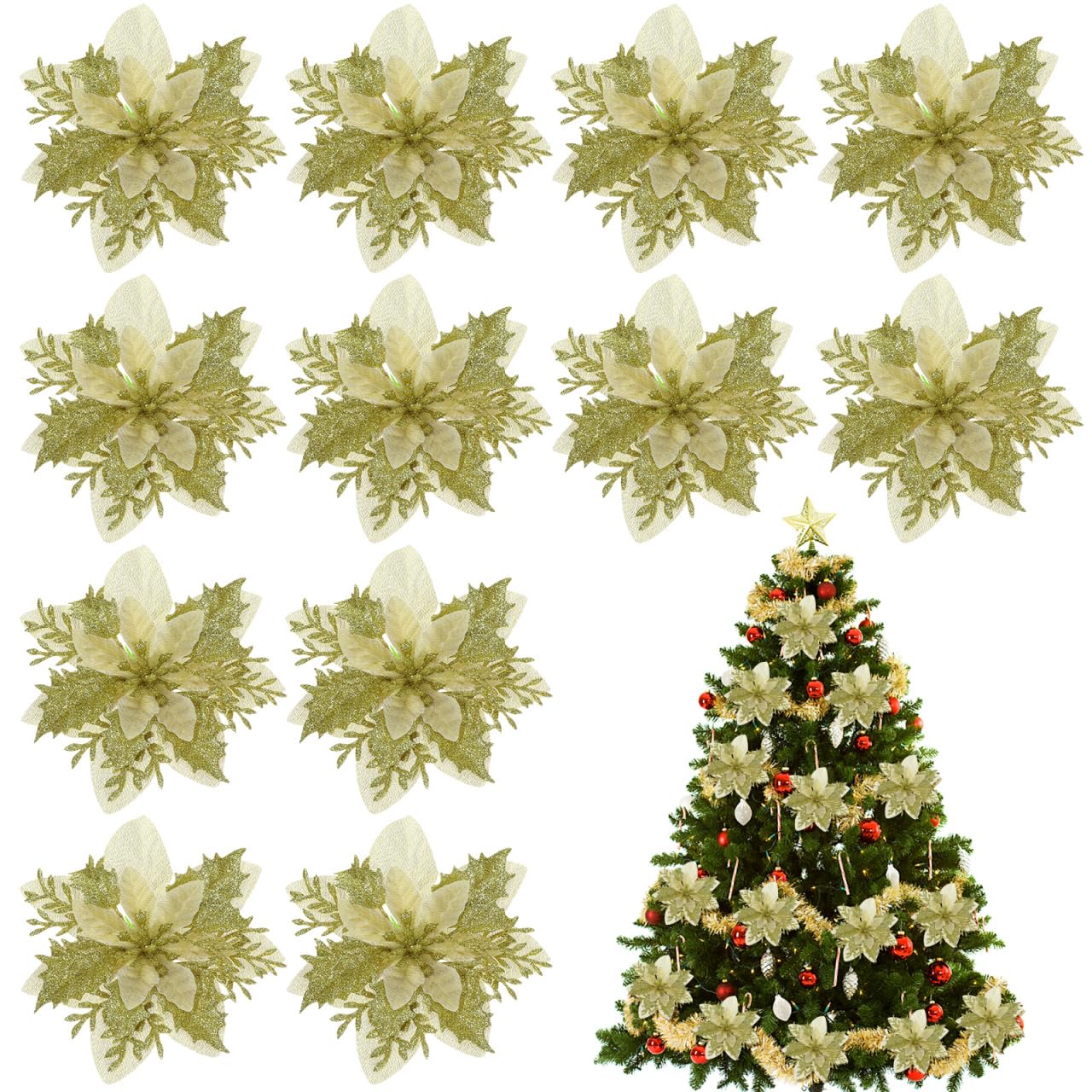Toyandona Christmas Flower Ornaments Artificial Poinsettia Decorations for Christmas Tree Hanging Ornaments Party Adornment and Photo Props 4.7X4.7X0.4 Inches(Golden)