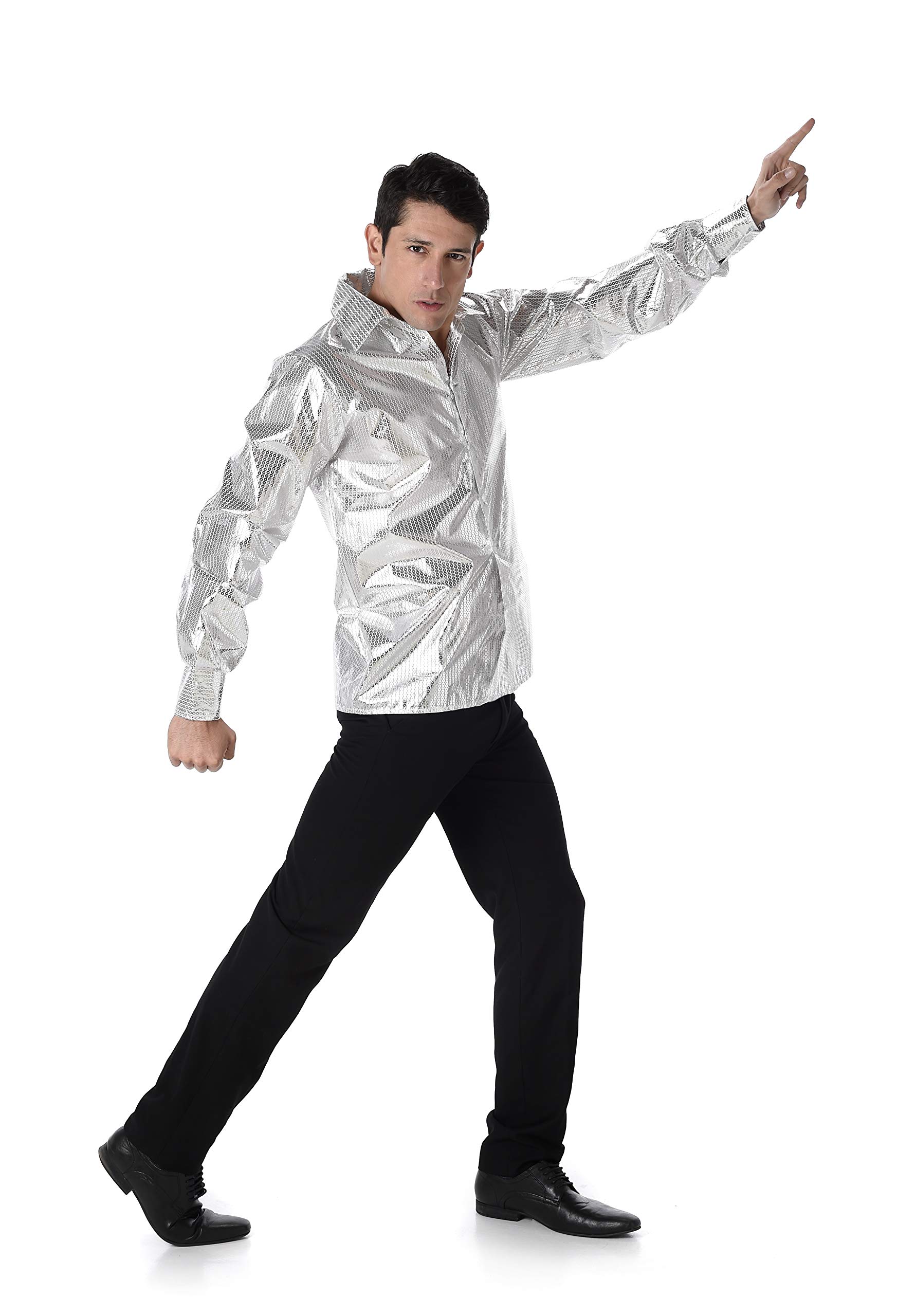 Karnival Costumes 82120 Sequined Disco Shirt Costume, Men, Silver, Medium
