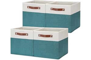 HNZIGE Fabric Storage Cube Bins Baskets for Organizing, 11 inch Cube Storage Bins, Set of 4, Collapsible Storage Bin with Handles, Closet Organizers and Storage Home Toy Nursery Bedroom(White Teal)