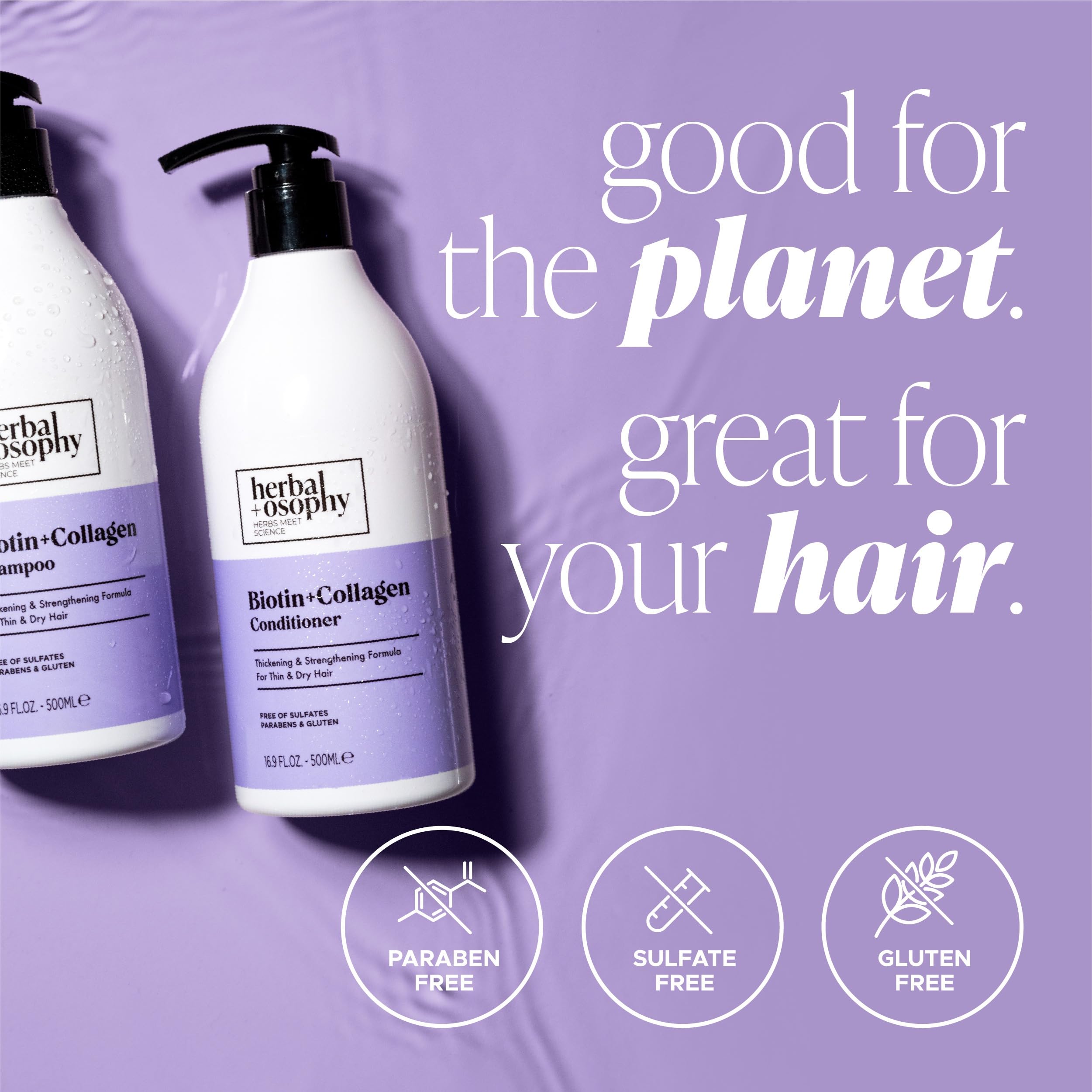 Herbalosophy Biotin & Collagen Shampoo & Conditioner Set, Hair Growth Thickening, Repair Dry, Damaged Hair Set, Infused with Vitamin B7 & Argan Oil, Sulfate, Parabens and Gluten Free, 2 x 16.9 Fl Oz