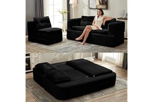 Tabaray 80'' Futon Sofa Bed, King Size Foldable Sleeper Sofa, Corduroy Boneless Loveseat Couch with Chaise Lounge, 3 Pillows, Blanket, Upholstered Sectional Couches for Living Room, Bedroom, Black