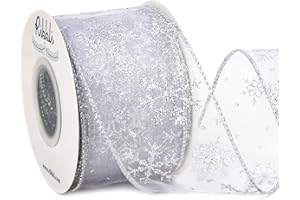 Ribbli Snowflake Glitter Wired Ribbon,White Organza Sheer Ribbon with Silver Glitter Snowflake Pattern and Silver Metallic Edge,2-1/2Inch x 10Yards Christmas Ribbon for Tree Decoration
