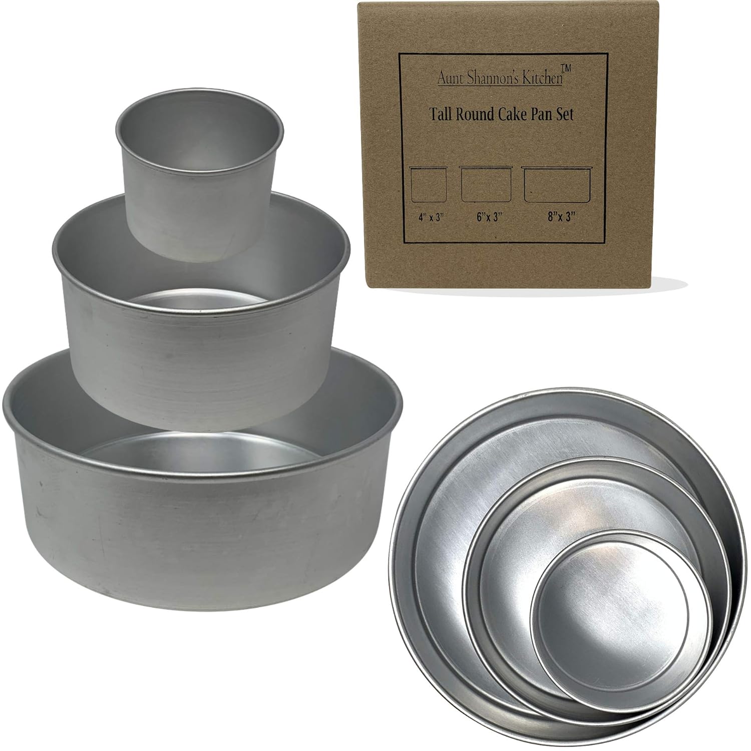 Tall Round Cake Pans - 3 Pan Set - 4"x3", 6"x3", 8" x 3"