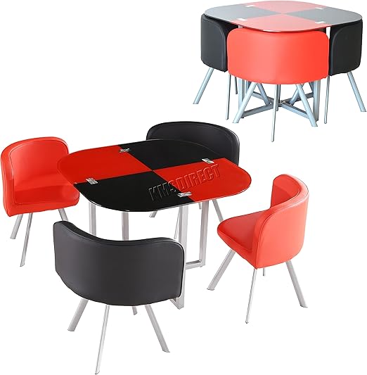 Tapa de cristal moderna KMS mesa de comedor con 4 sillas de piel