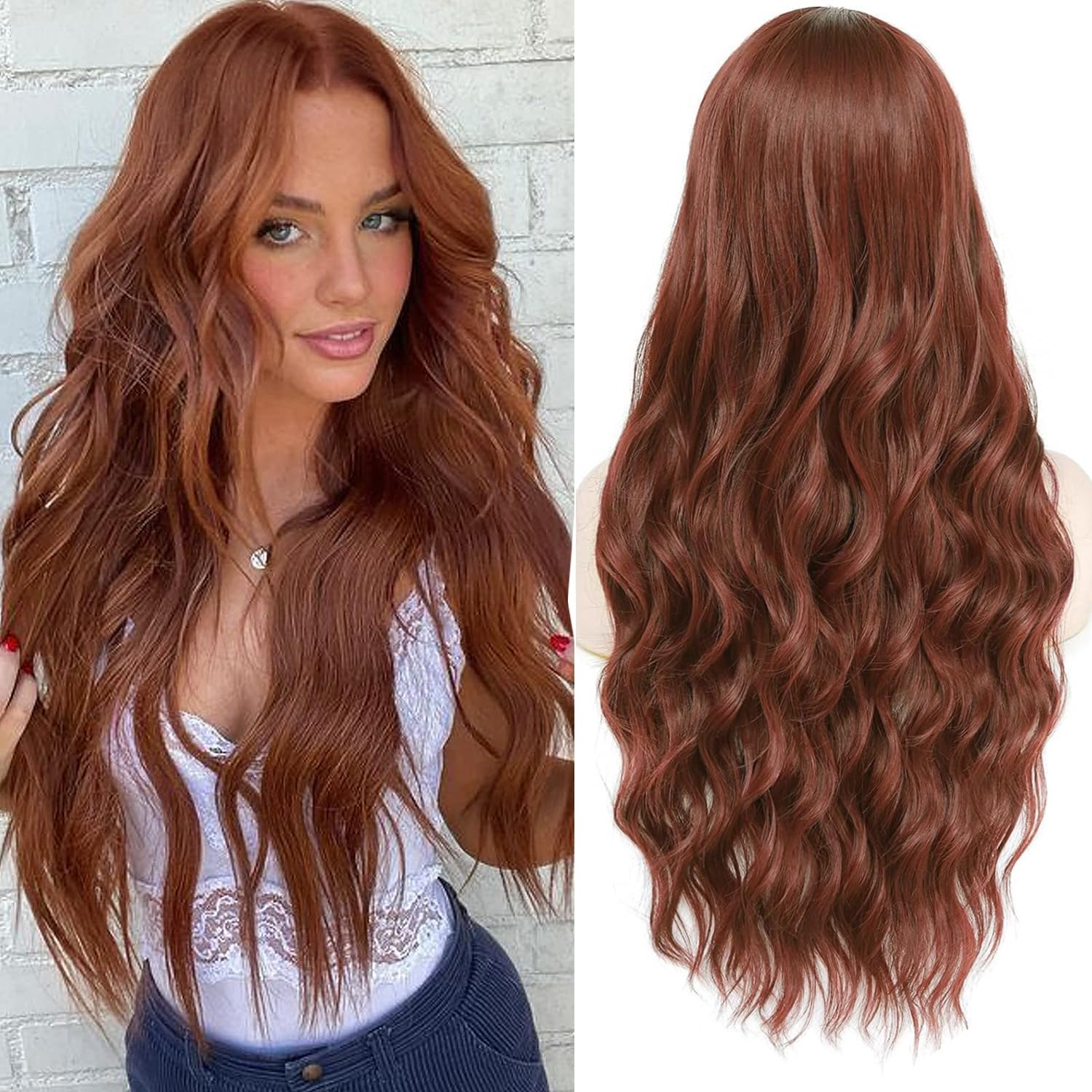 PORSMEER Long Copper Wigs for Women with Middle Part Ginger Wig Wavy Curly Synthetic Hair Natural Looking Heat Resistant Fiber for Daily/Halloween Party,26inch,Auburn Color