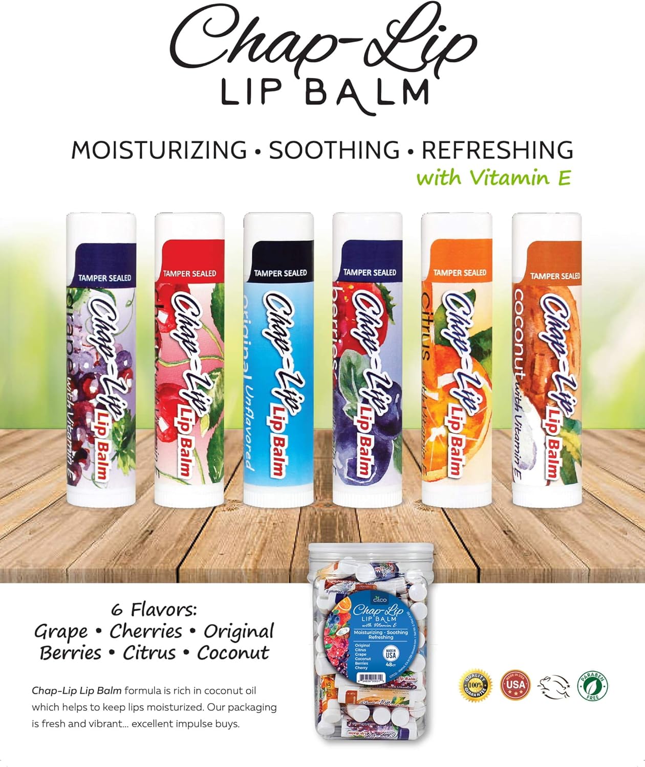 Chap-Lip Vitamin E Lip Balm with Coconut Oil - Lip Moisturizer Treatment - Moisturizing, Soothing, Refreshing, Total Hydration Treatment & Lip Therapy - Assortment of 6 Refreshing Flavors, 48 Count: Health & Personal Care