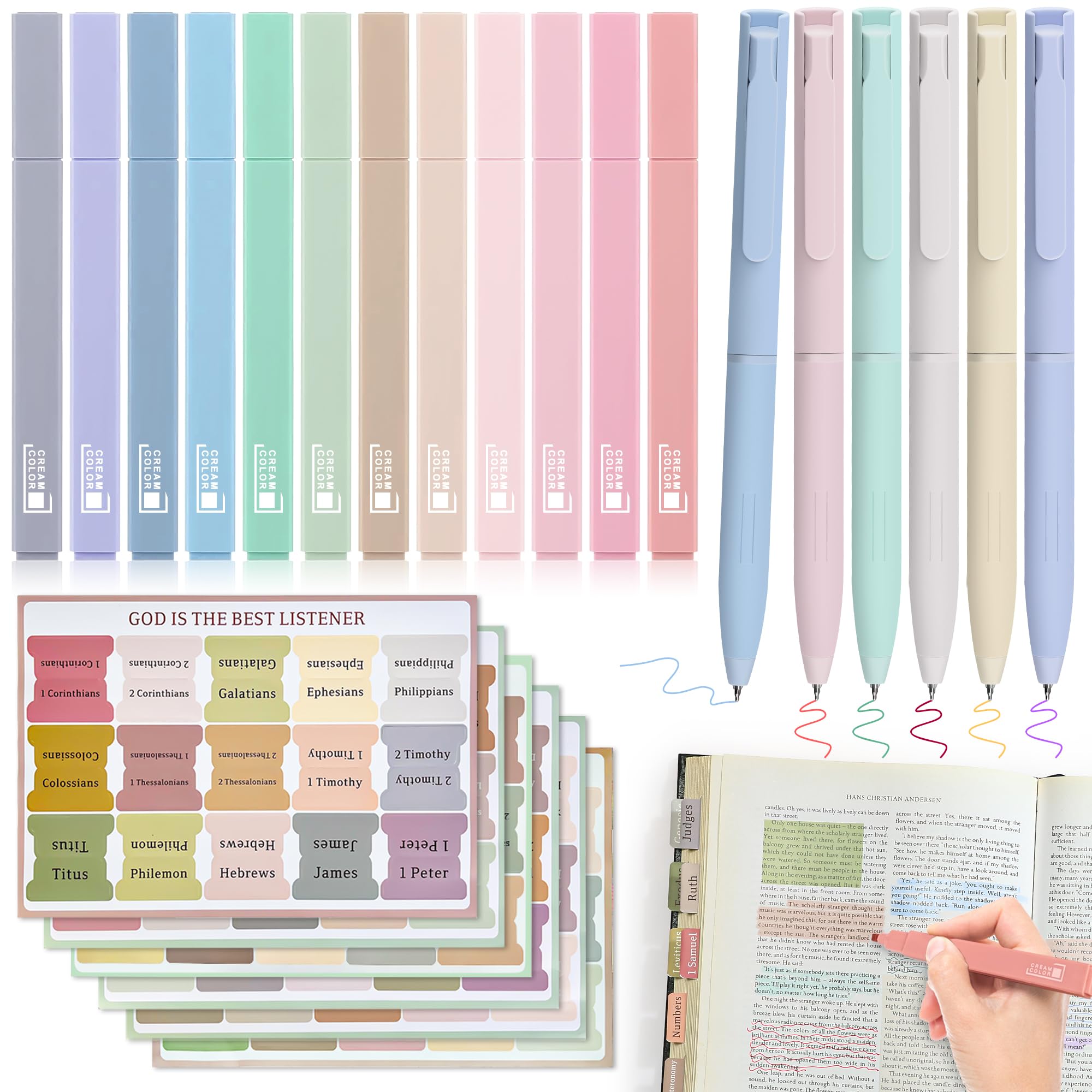 DazSpirit 12 pcs No Bleed Highlighters & 6 pcs 0.5mm Smooth Gel Pens Set with 90 Bible Tabs for Study Easy Navigation for Women/Men (73 Pre-Printed & 17 Blank Tabs), for Notes, Bible, School, Office