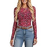 BemorRun Floral Mesh Top for Women Crew Neck Long Sleeve See Through Tee Shirts Fitted Sexy Going Out Tops