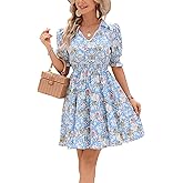 Kormei Women's Floral Print V Neck Dress Short Puff Sleeve Smocked Waist Ruffle Hem Flare Short Dress