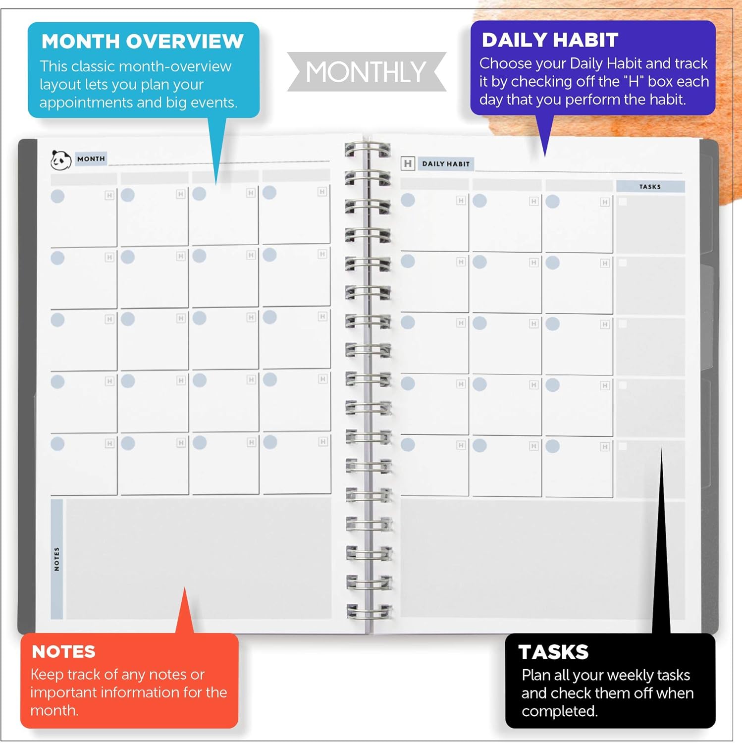 Daily Planner 2.0 - by Panda Planner 2020-2021 - Monthly Calendar, Weekly Organizer and Day Planner Sections - Undated and Wire Binding - 3 Month Planner - 8.25" x 5.75" - Gray : Office Products