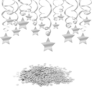 Konsait Hanging Swirl Silver Decorations(30 Counts) Silver Star Table Confetti(15 Gram), Silver Hanging Party Supplies for Wedding Shower Birthday Party Table Decor Twinkle Twinkle Baby Shower