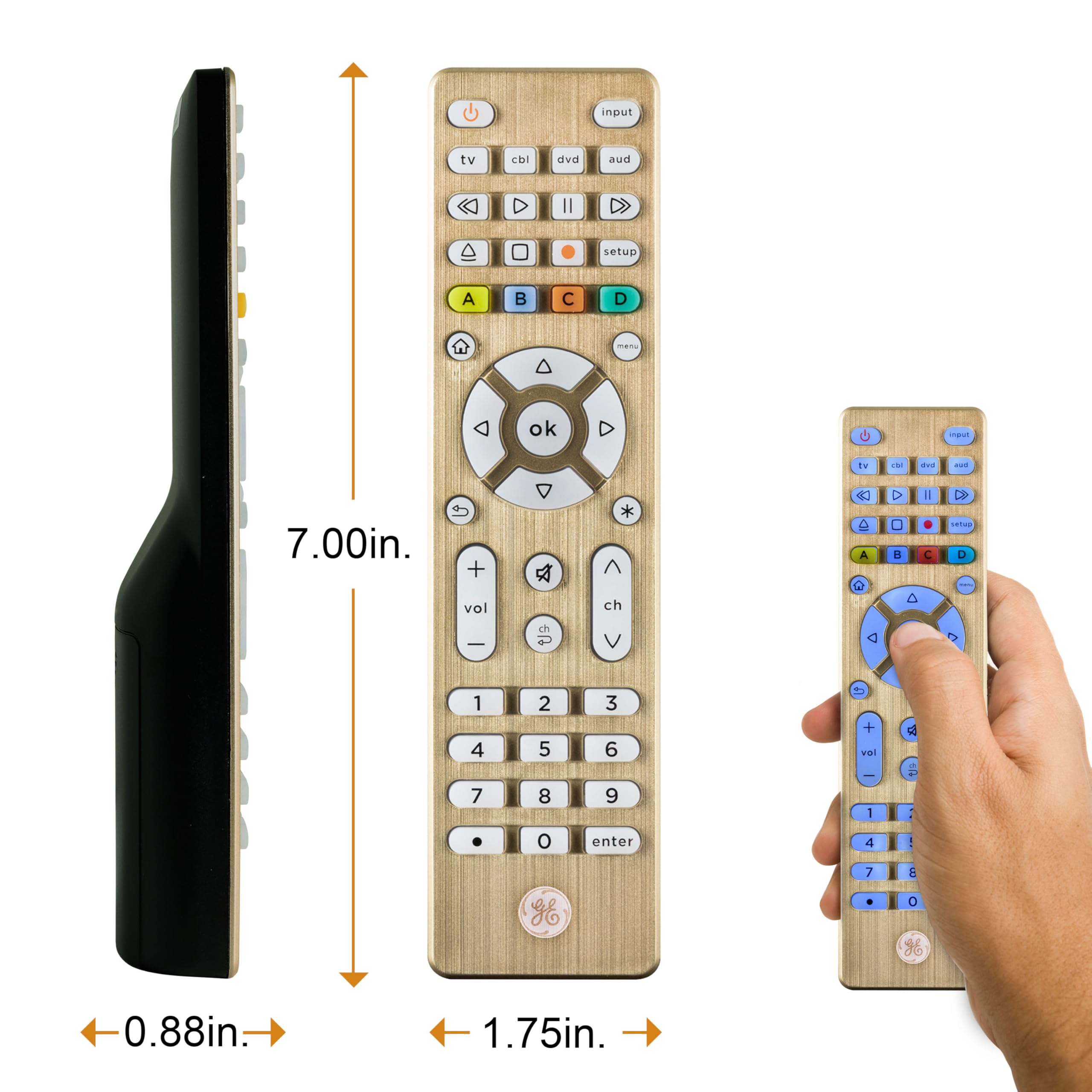 GE Universal Remote Control, Samsung TV Remote,Universal TV Remote for Roku TV, Vizio, LG, Sony, Sharp, Roku, Apple TV, TCL, Panasonic, Smart TVs, Streaming Players, Blu-ray, DVD, 4-Device, Gold,48845