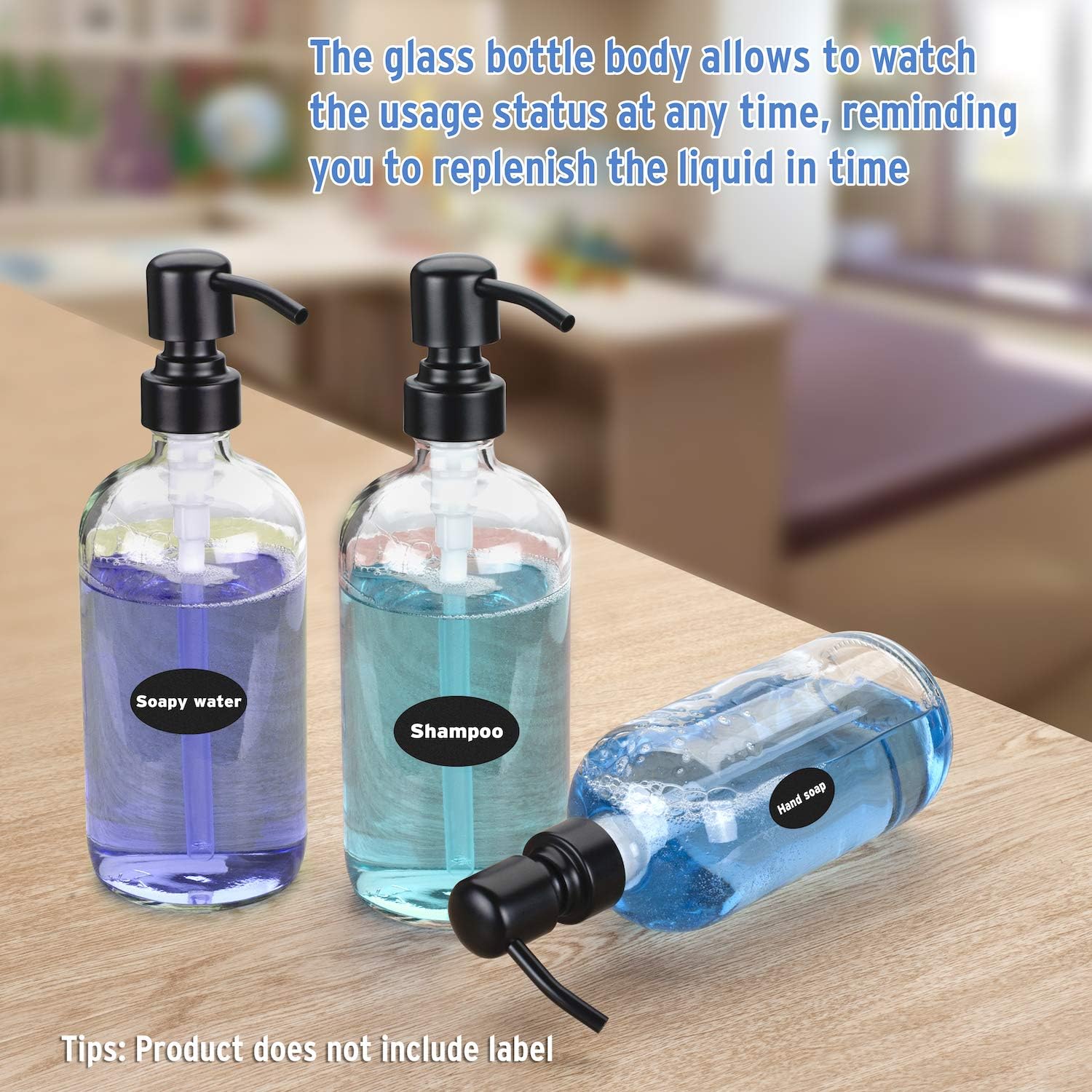 AmazerBath 2-Pack Soap Dispenser, 16 OZ Glass Hand Soap Bottle with Anti Rust Stainless Steel Pump, Refillable Dish Soap Dispenser for Bathroom and Kitchen（Black）: Home & Kitchen