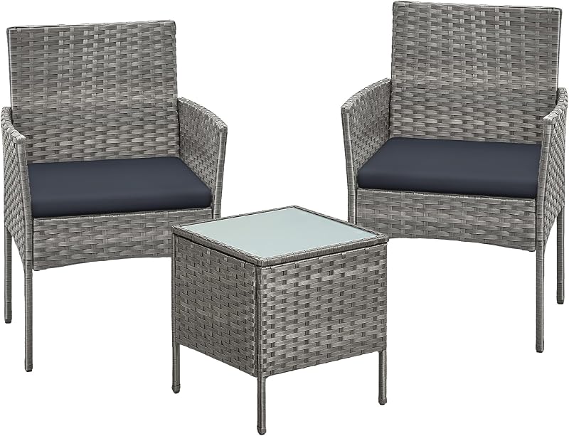 SONGMICS Garden Furniture Set 3-Piece Outdoor PE Rattan Conversation Grey