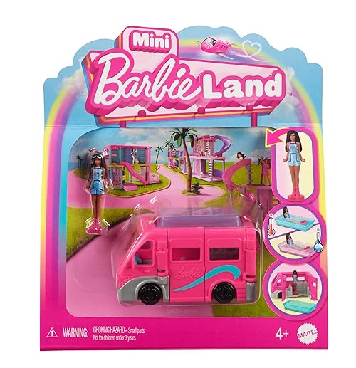 Barbie Mini BarbieLand Doll & Toy Vehicle Set, 1.5-inch Barbie Doll & DreamCamper with Working Doors & Color-Change Pool, HYF39