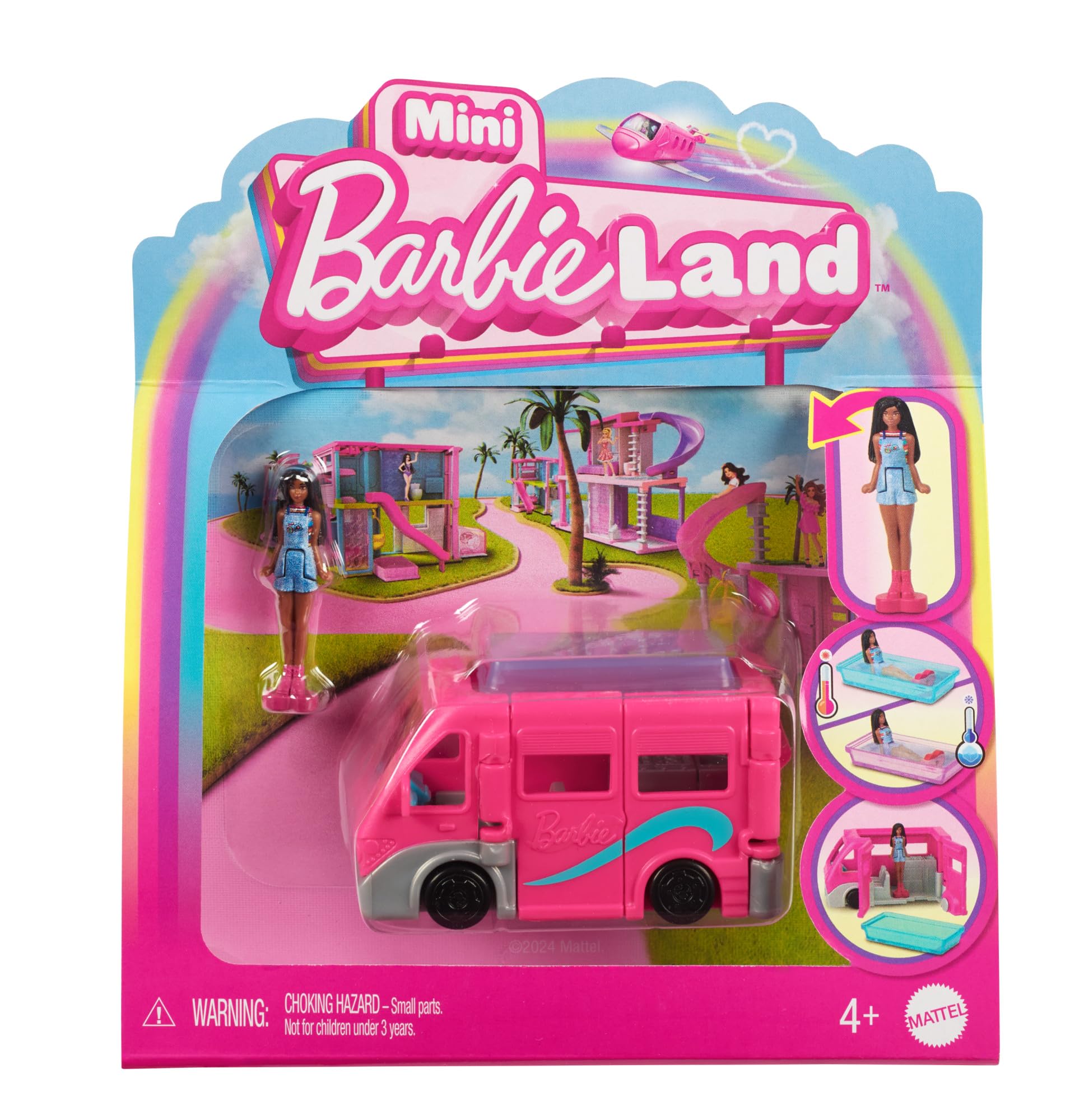 Barbie Mini BarbieLand Doll & Toy Vehicle Set, 1.5-inch Barbie Doll & DreamCamper with Working Doors & Color-Change Pool, HYF39