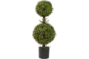 Nearly Natural 35IN Artificial Double Boxwood Topiary Ball Tree, Fake Topiary Plant for Indoor Home Décor in Black Nursery Planter