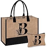 AYGE Personalized Initial Jute Tote Bag & Makeup Bag, Beach Bag, Monogrammed Birthday Gifts for Women Sister Mom Bridesmaid