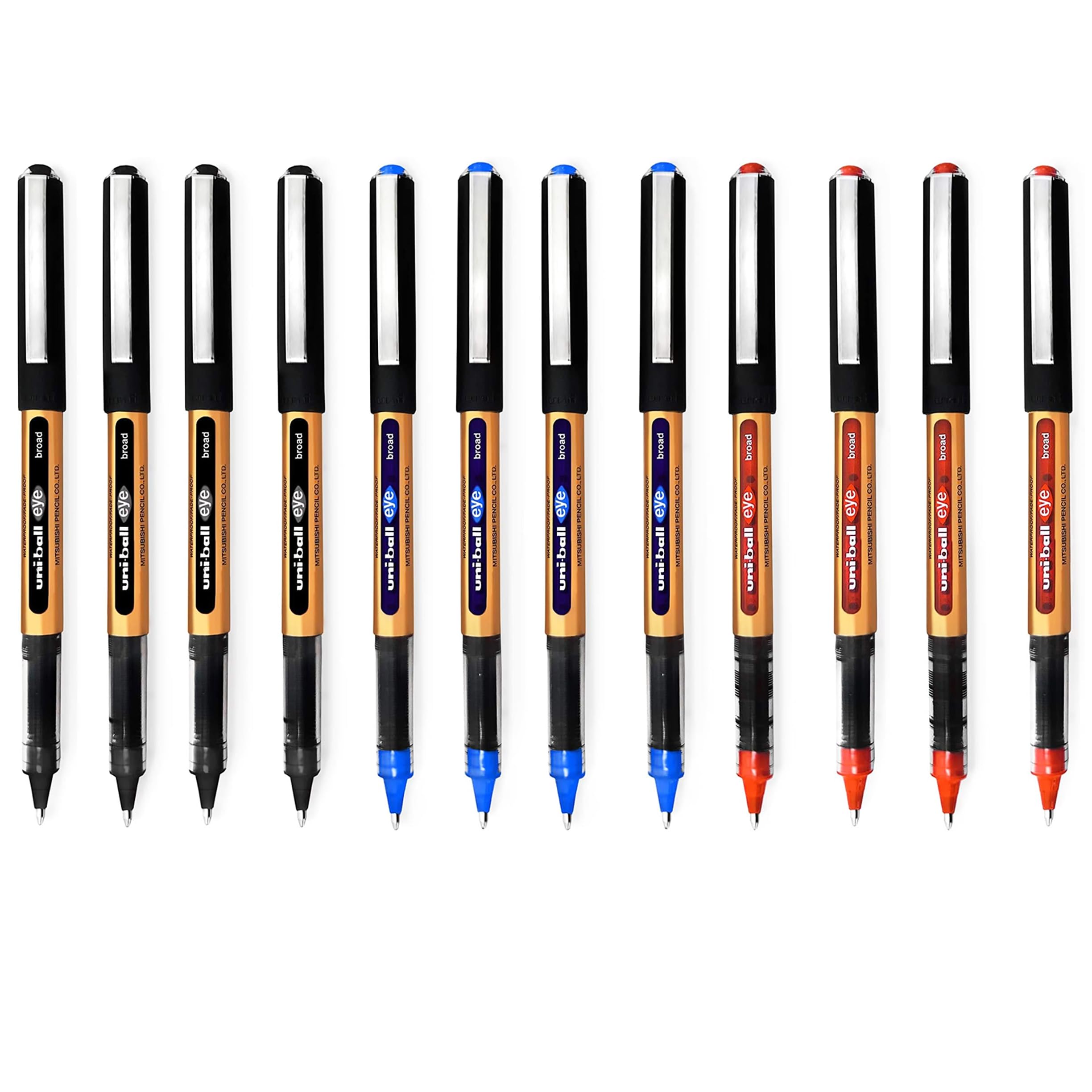 uni-ball Eye UB-150-10E Broad Liquid Ink Rollerball Pens - 1.0mm - Black, Blue, Red (12)