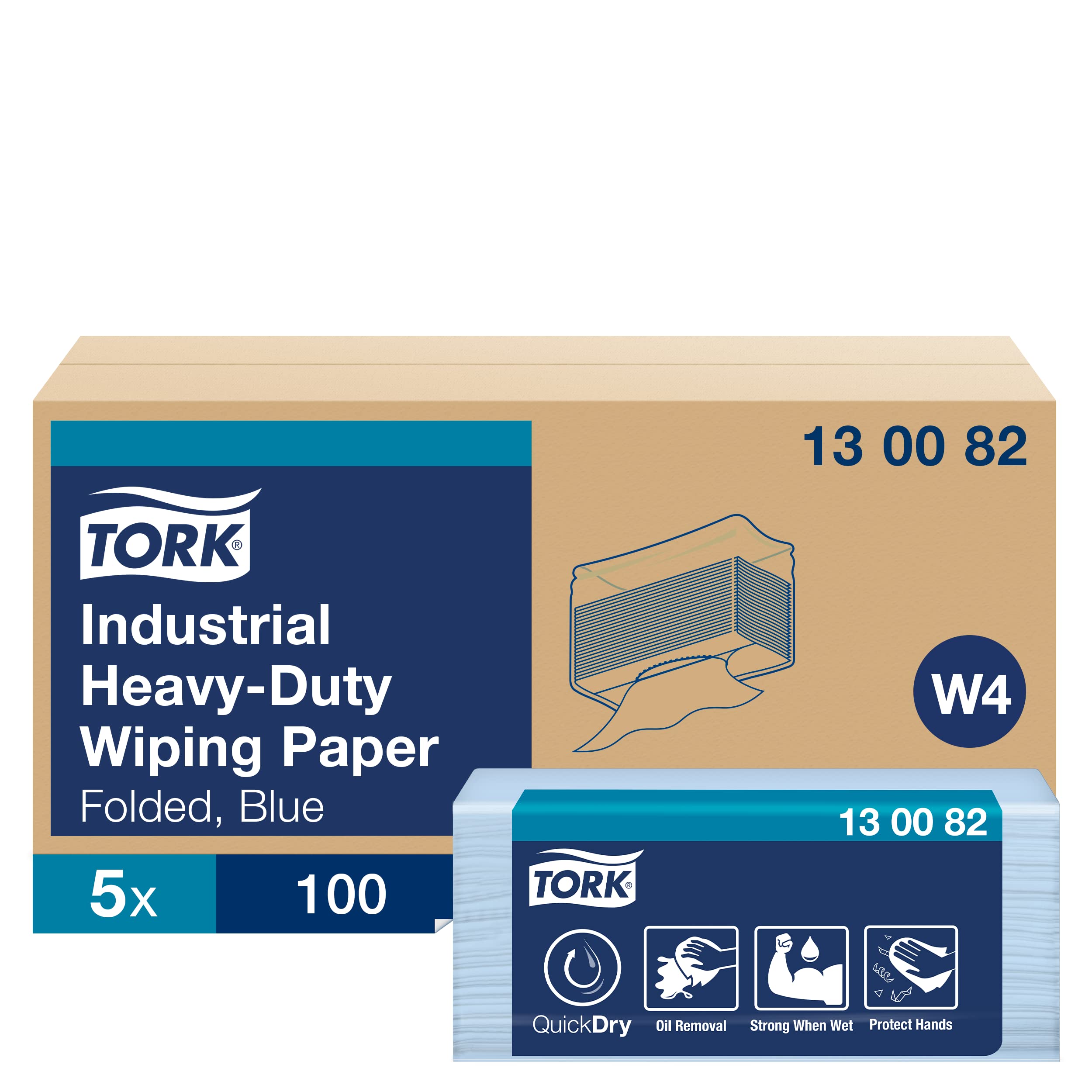 Tork 130082 Industrial Heavy-Duty Wiping Paper / 3 Ply Absorbent Paper Sheets Suitable for Tork W4 Top Pak System / Blue / 38.5cm x 10.8cm / 500 Sheets